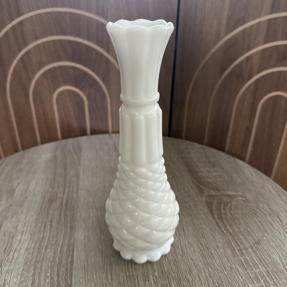 Randall Vintage White Milk Glass Diamond Quilted Pattern 9 Inch Bud Vase